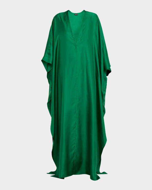 Plunging V-Neck Light Silk Twill Maxi Kaftan Dress